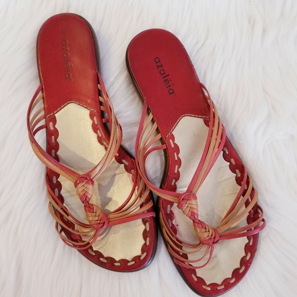 Boho Red Strappy Knotted Leather Slide Sandals Size 7.5 M Summer Festival Resort